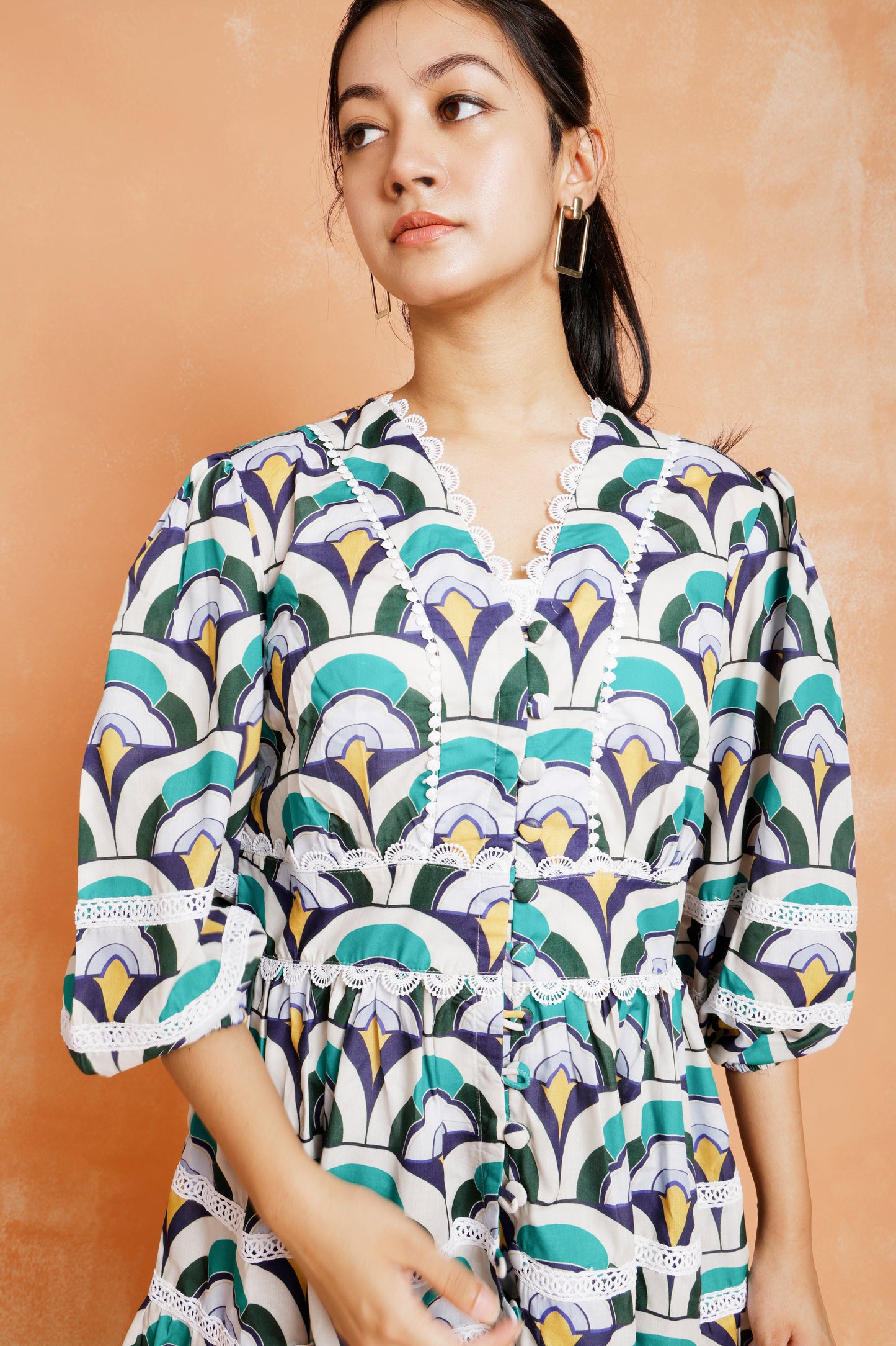 Abstract Print Dress With Lace