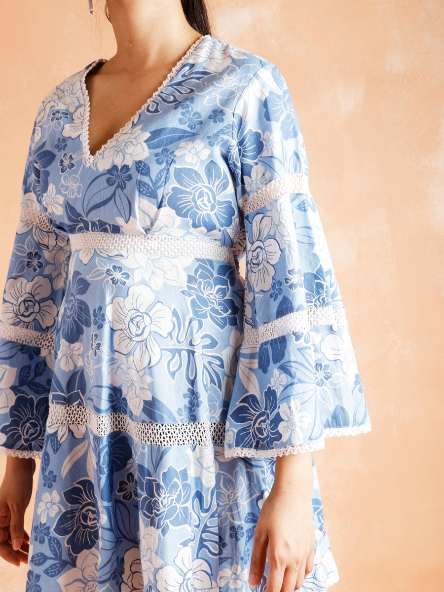 Blue Floral Dress With Lace