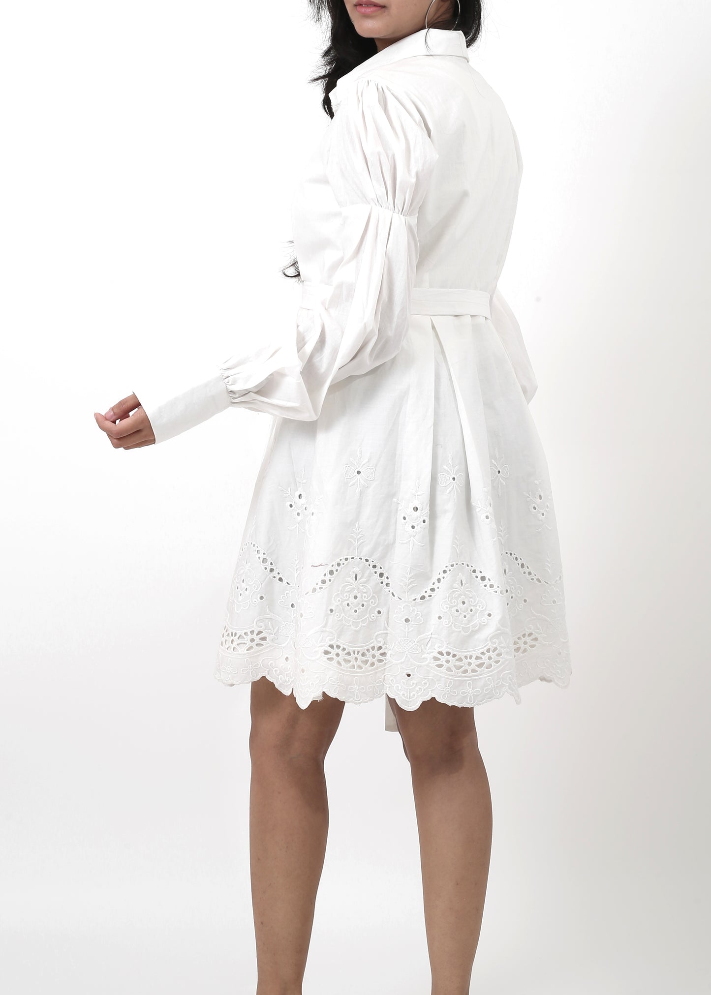 White summer cotten schiffli fabric dress