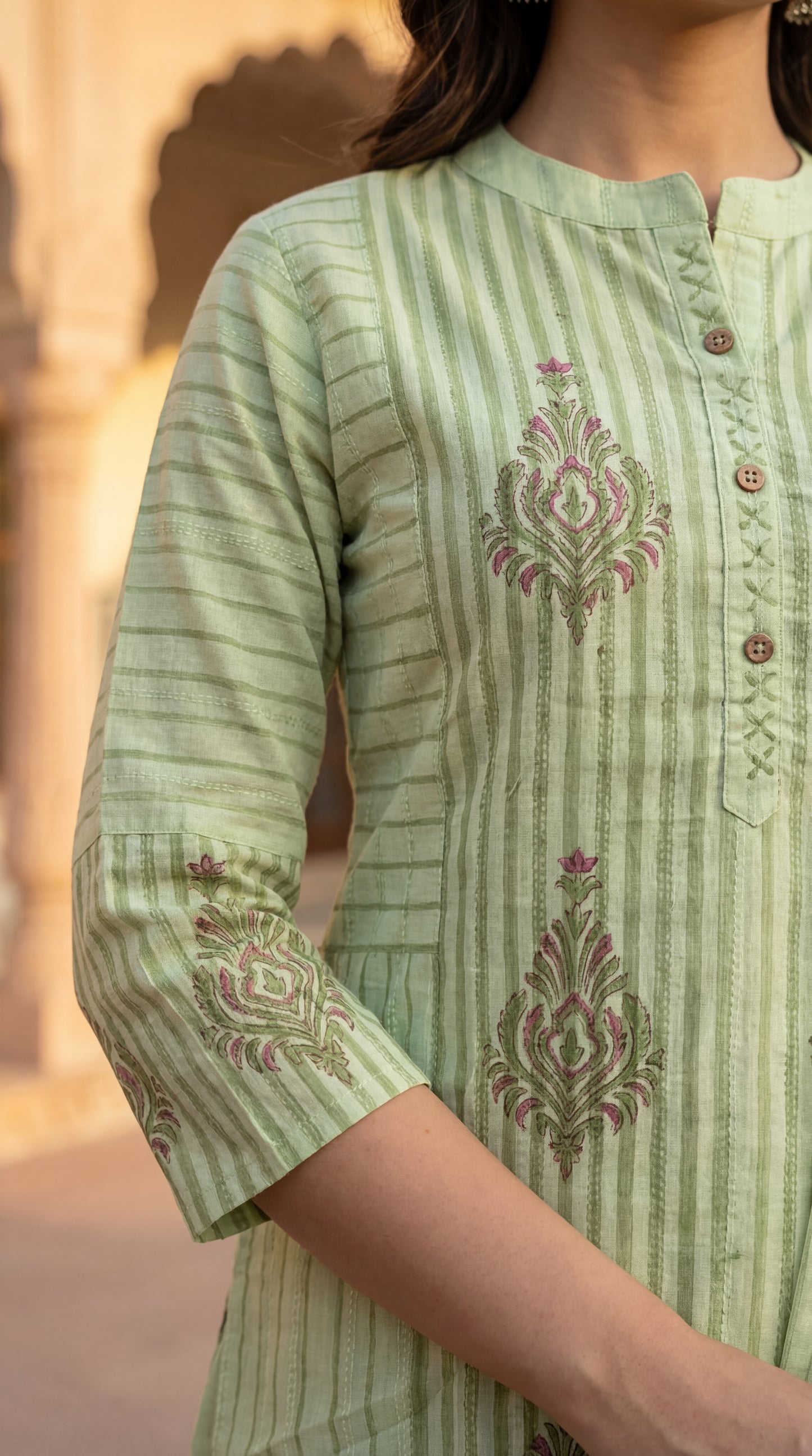 Mint Striped Embroidered Kurta Set