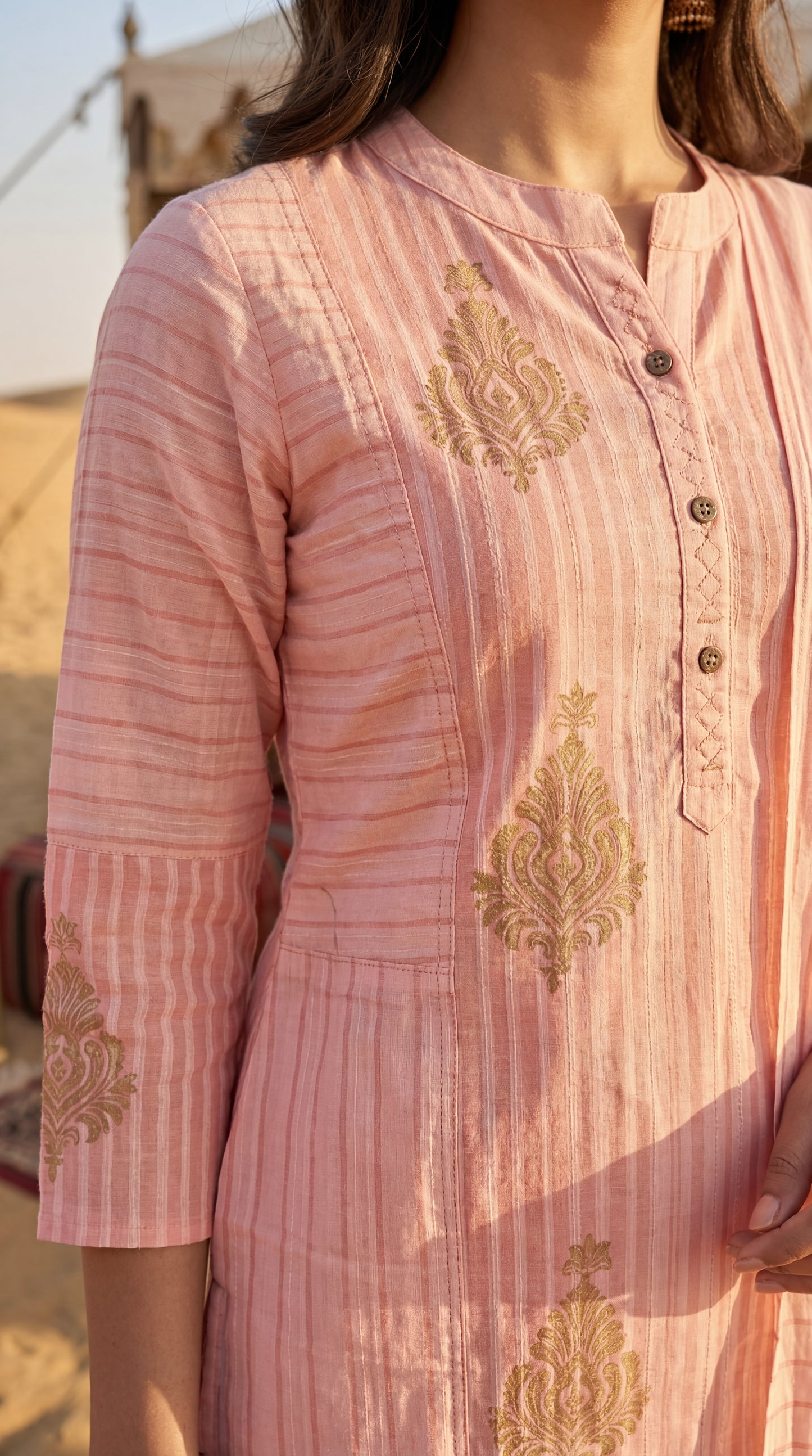 Pink Striped Embroidered Kurta Set