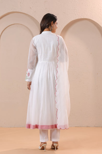 White Floral Embroidered Anarkali Kurta Set with Dupatta