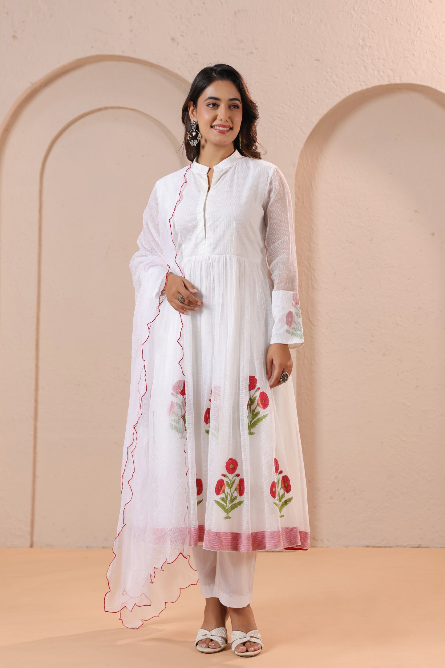 White Floral Embroidered Anarkali Kurta Set with Dupatta
