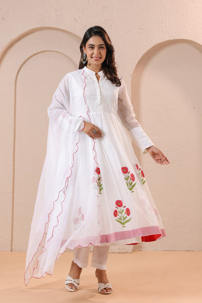 White Floral Embroidered Anarkali Kurta Set with Dupatta