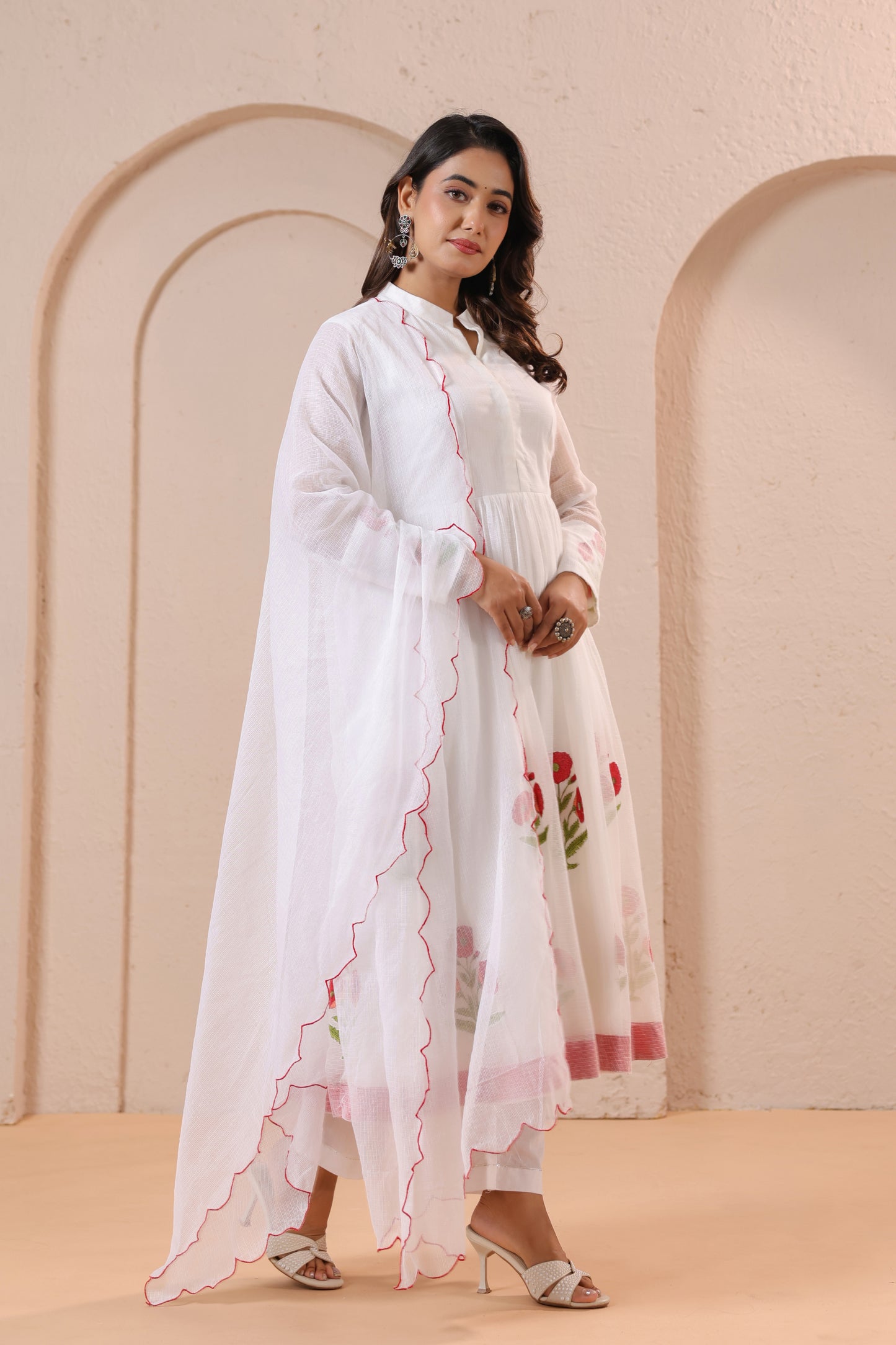White Floral Embroidered Anarkali Kurta Set with Dupatta
