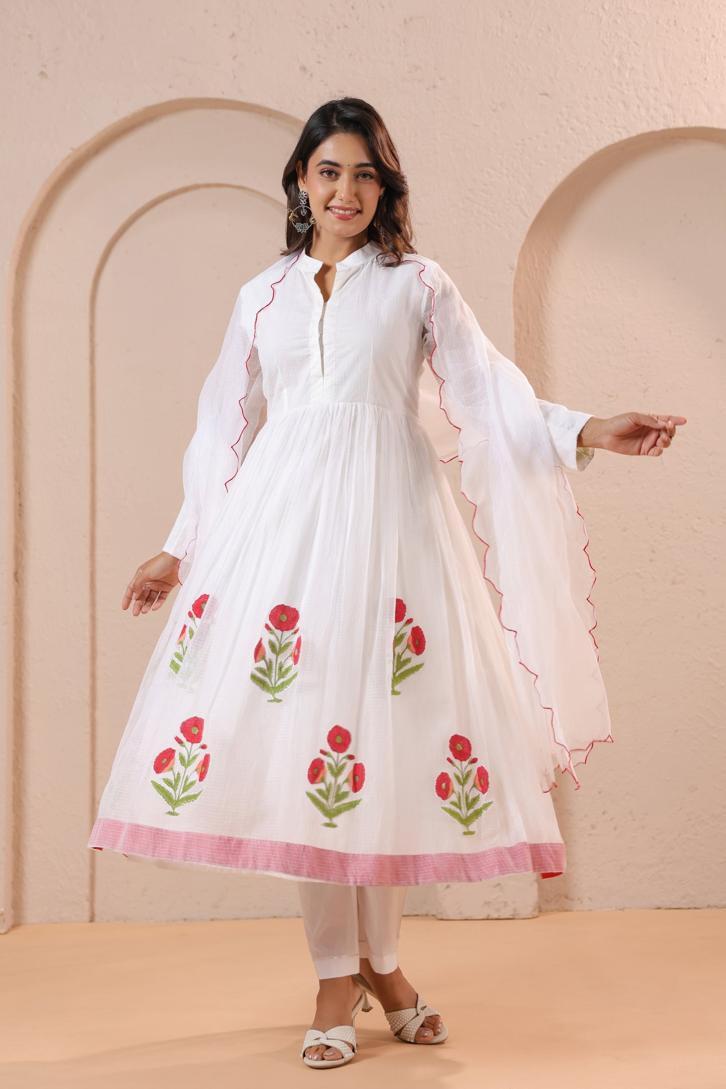 White Floral Embroidered Anarkali Kurta Set with Dupatta