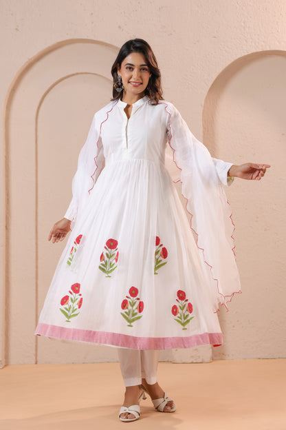 White Floral Embroidered Anarkali Kurta Set with Dupatta