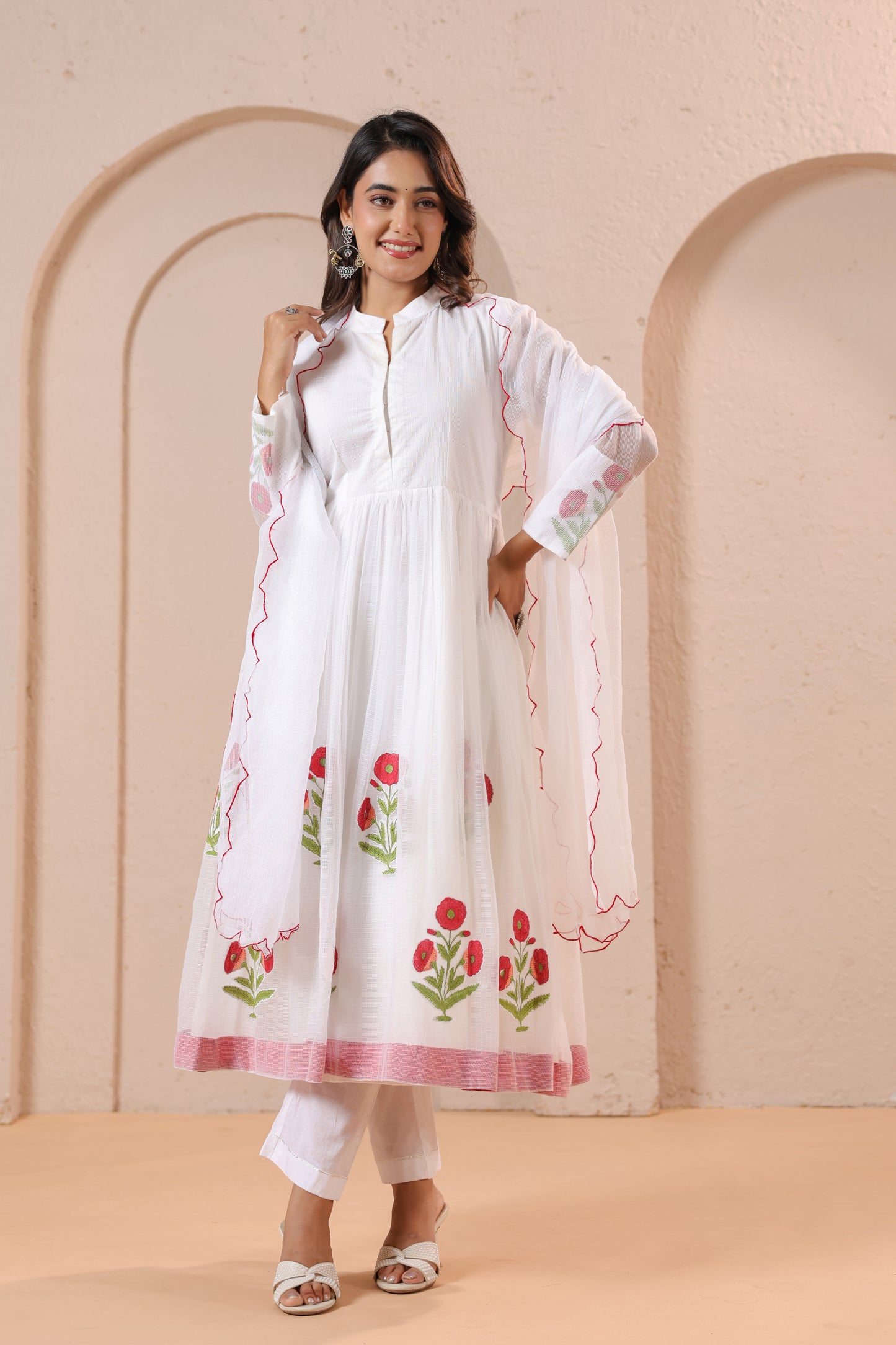 White Floral Embroidered Anarkali Kurta Set with Dupatta