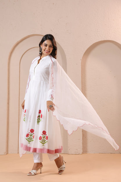 White Floral Embroidered Anarkali Kurta Set with Dupatta