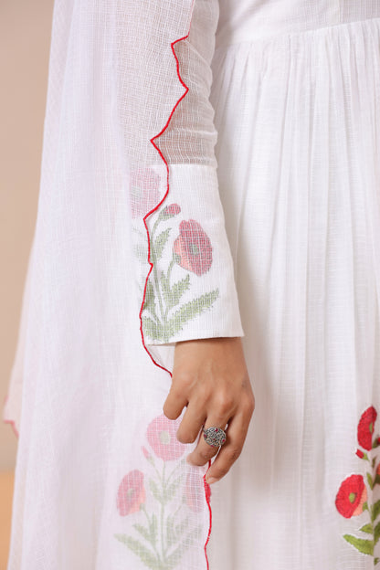 White Floral Embroidered Anarkali Kurta Set with Dupatta