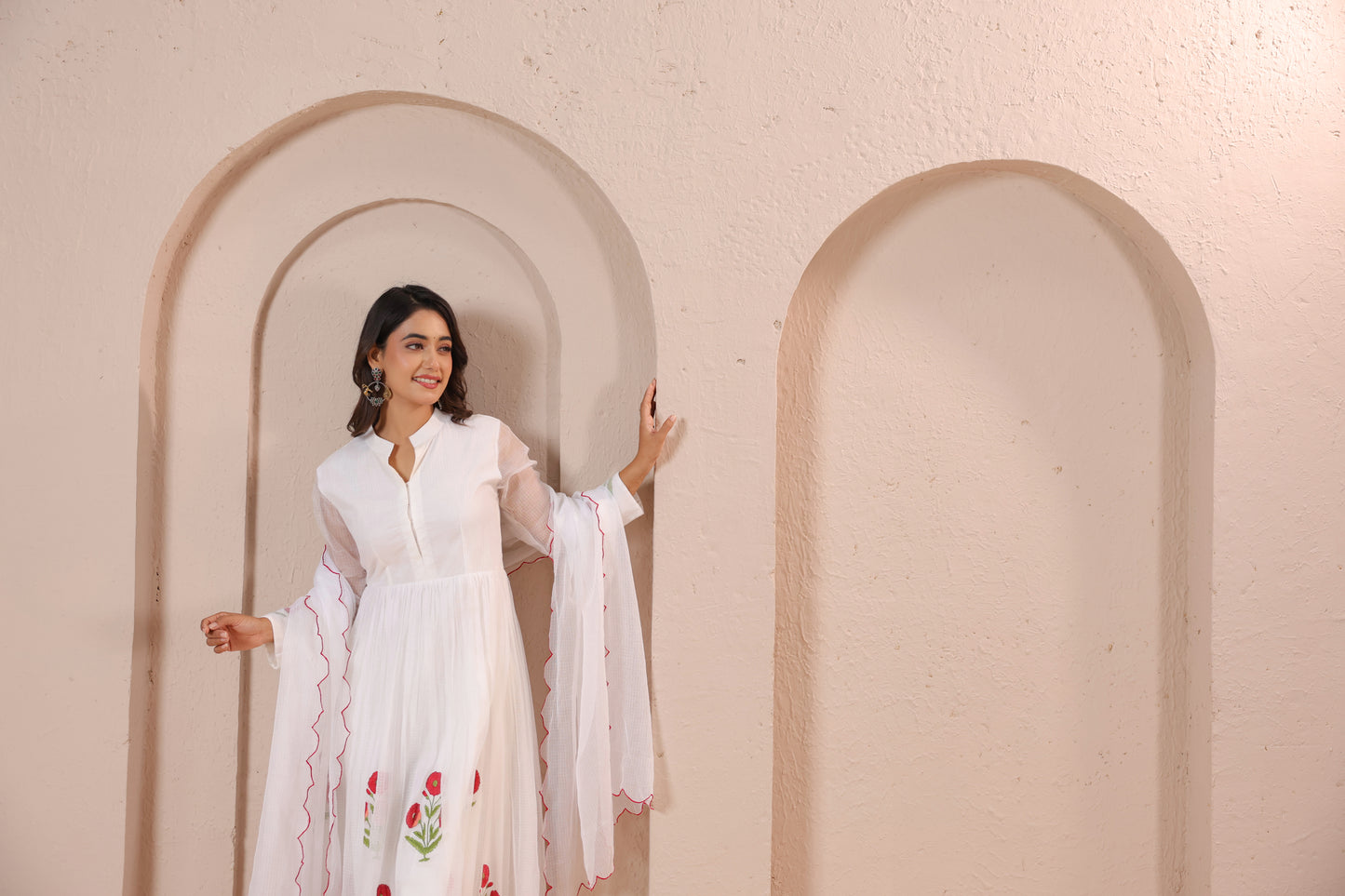 White Floral Embroidered Anarkali Kurta Set with Dupatta