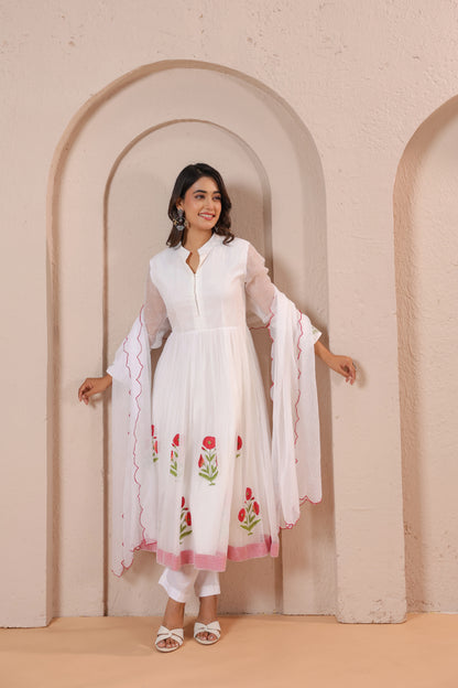 White Floral Embroidered Anarkali Kurta Set with Dupatta