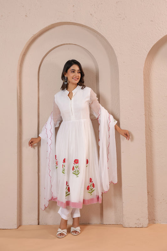 White Floral Embroidered Anarkali Kurta Set with Dupatta
