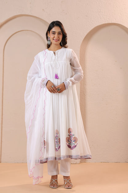White Embroidered Anarkali Kurta Set with Dupatta