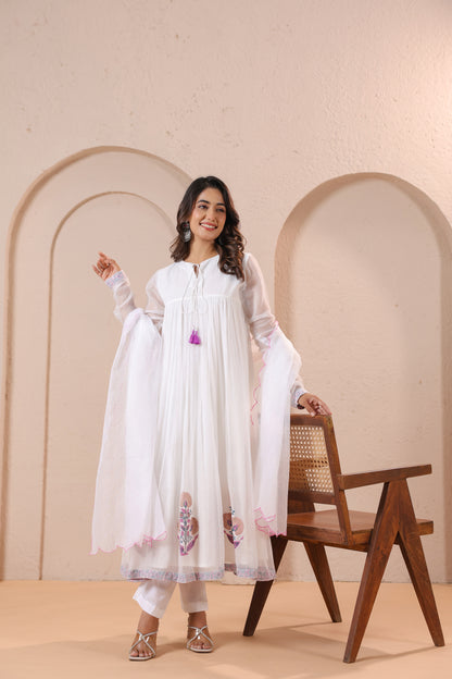 White Embroidered Anarkali Kurta Set with Dupatta