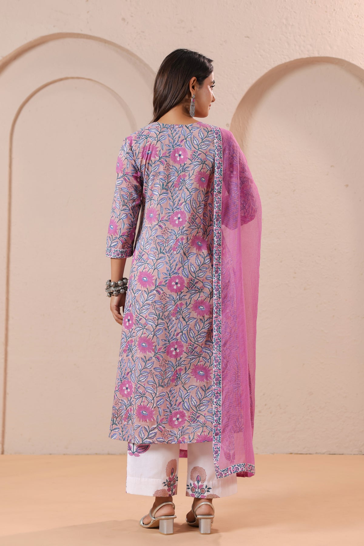 Pink Floral Printed Kurta Set with Matching Dupatta