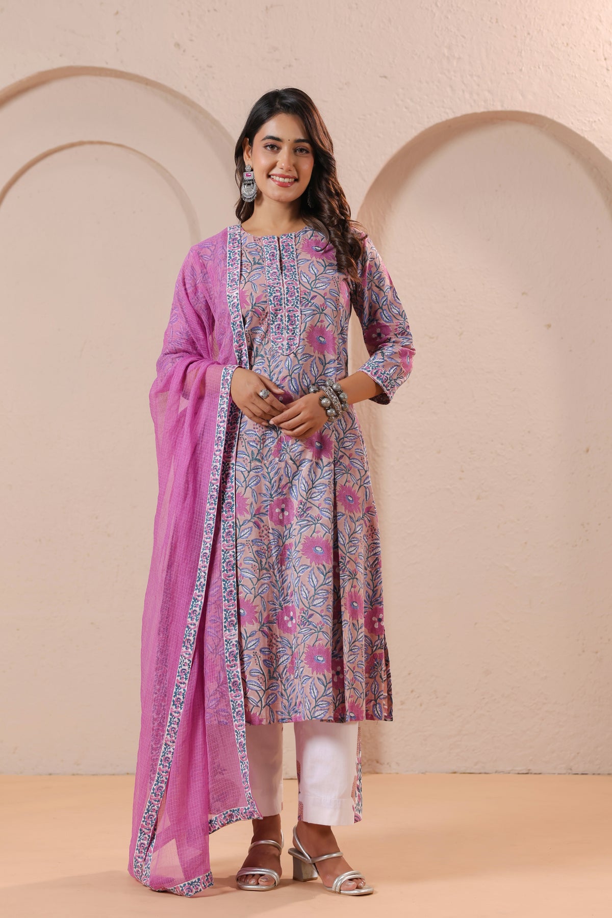 Pink Floral Printed Kurta Set with Matching Dupatta