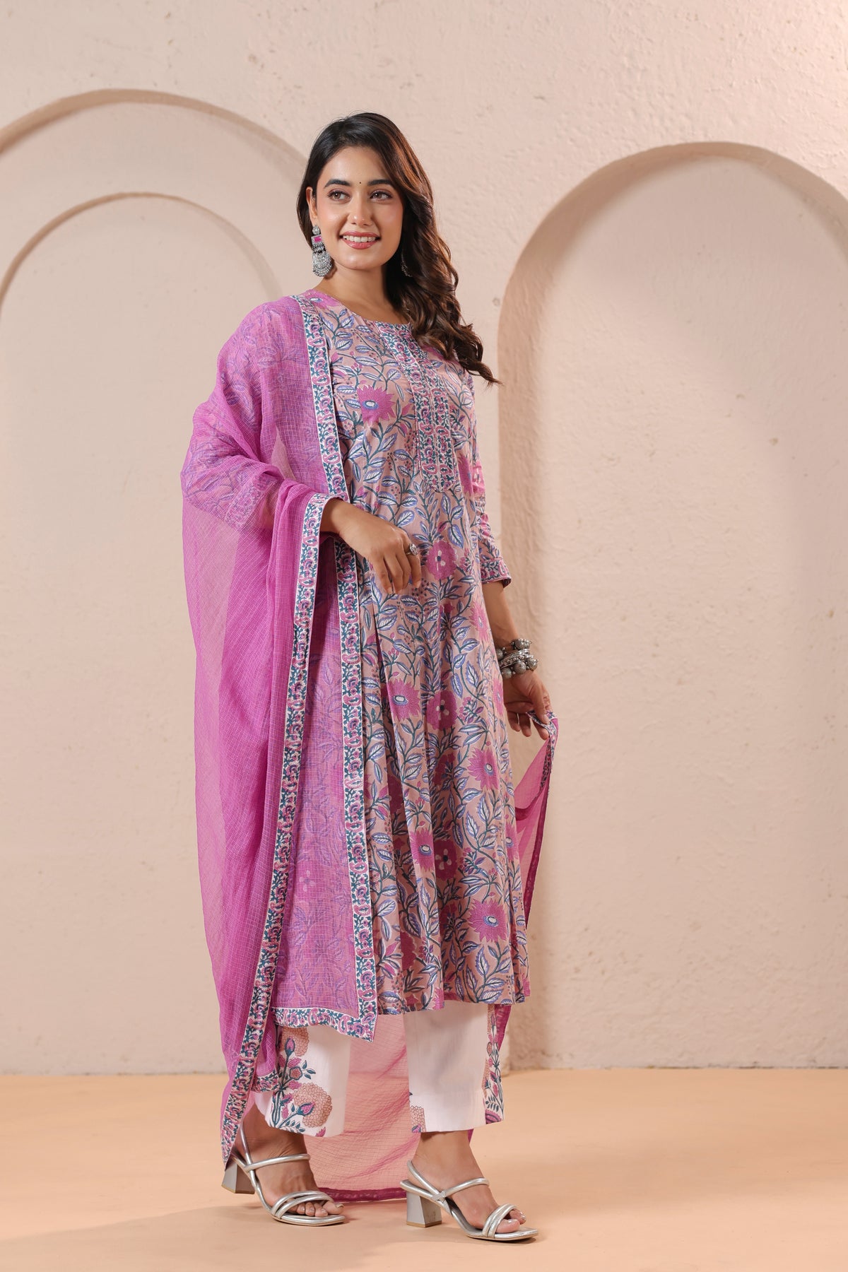 Pink Floral Printed Kurta Set with Matching Dupatta