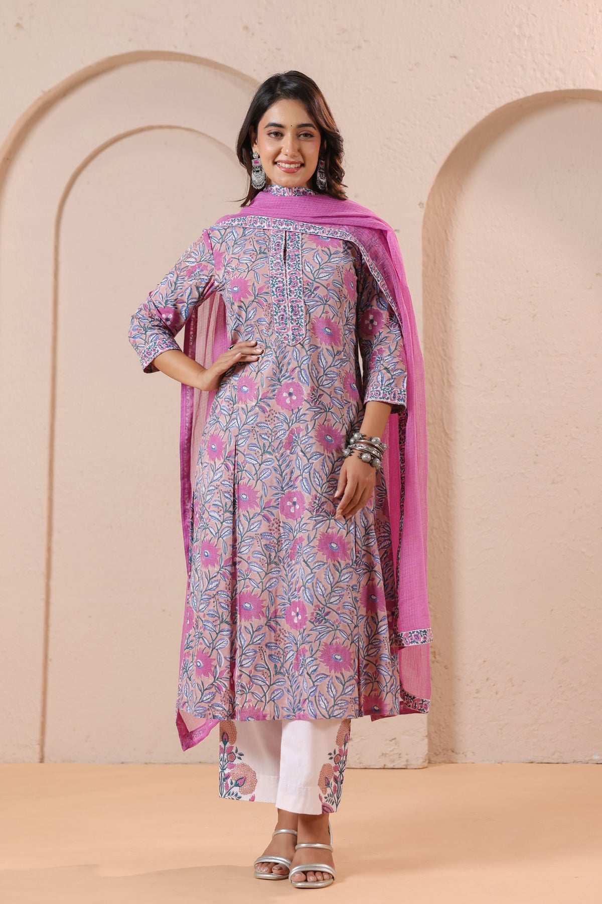 Pink Floral Printed Kurta Set with Matching Dupatta