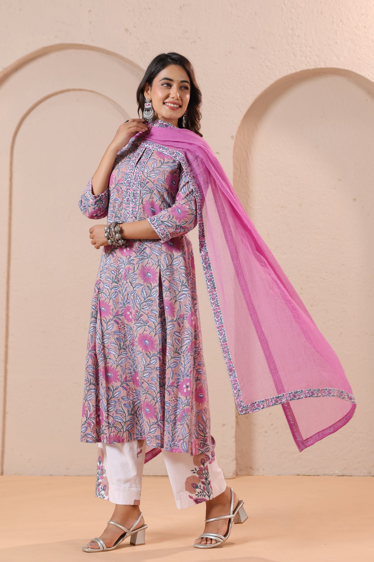 Pink Floral Printed Kurta Set with Matching Dupatta