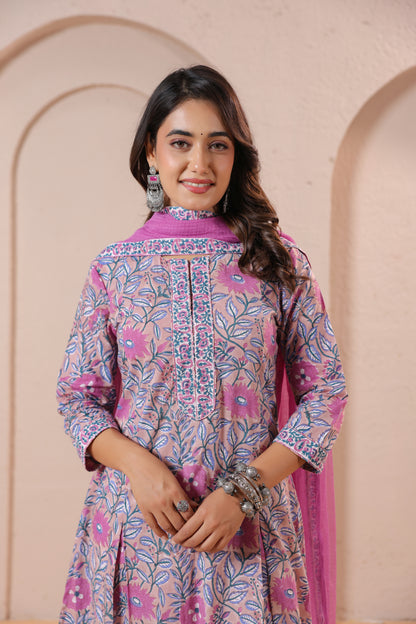 Pink Floral Printed Kurta Set with Matching Dupatta