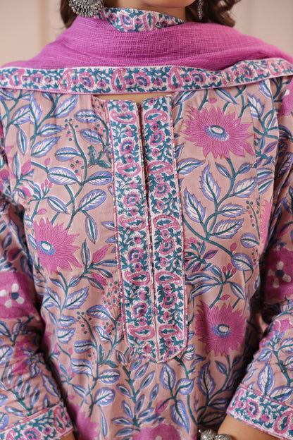 Pink Floral Printed Kurta Set with Matching Dupatta