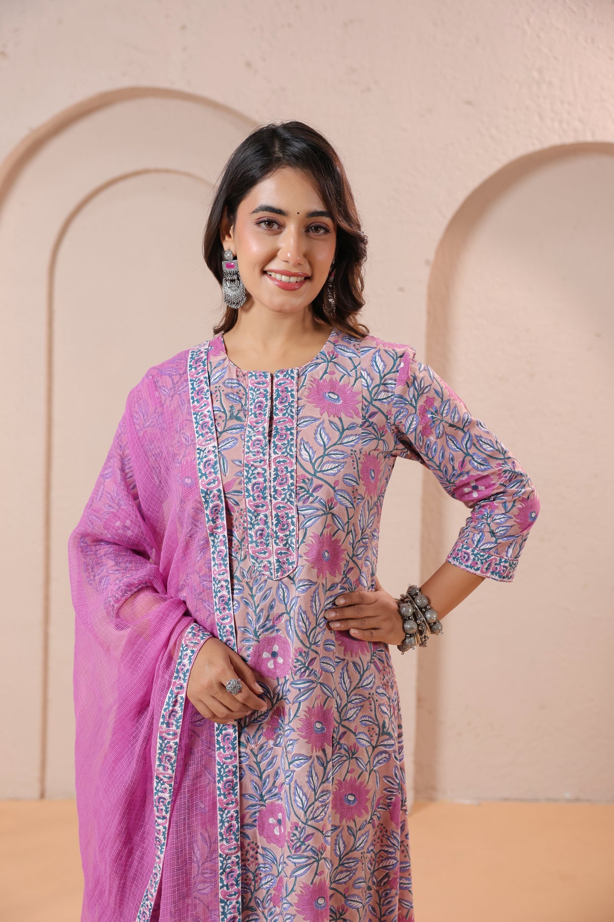 Pink Floral Printed Kurta Set with Matching Dupatta