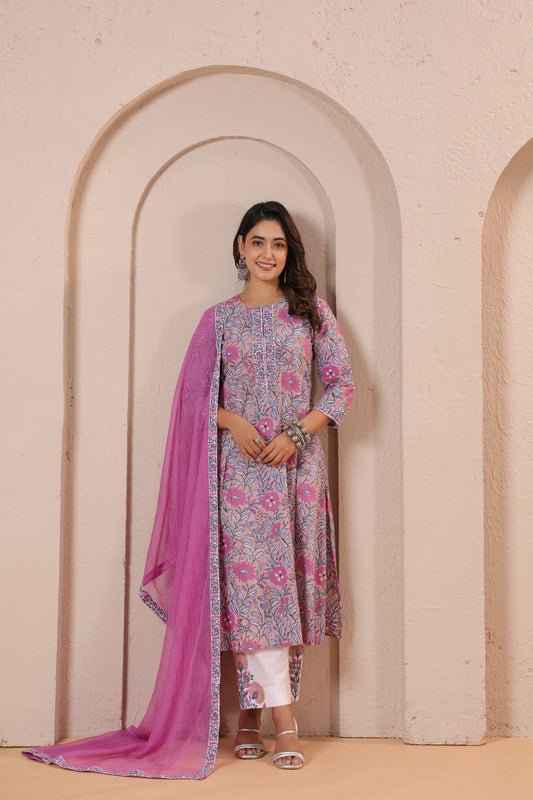 Pink Floral Printed Kurta Set with Matching Dupatta