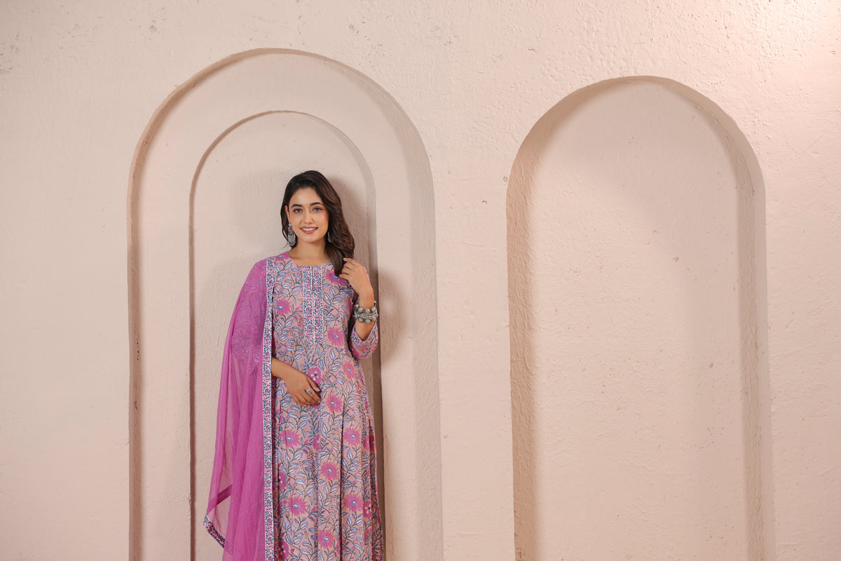 Pink Floral Printed Kurta Set with Matching Dupatta