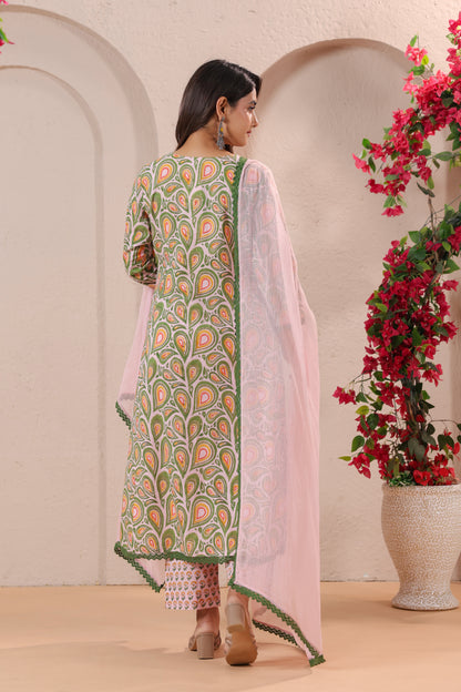 Green Printed Kurta Set with Pink Dupatta