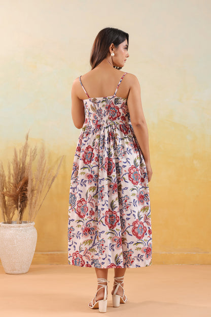 Ivory Floral Print Strappy Midi Dress