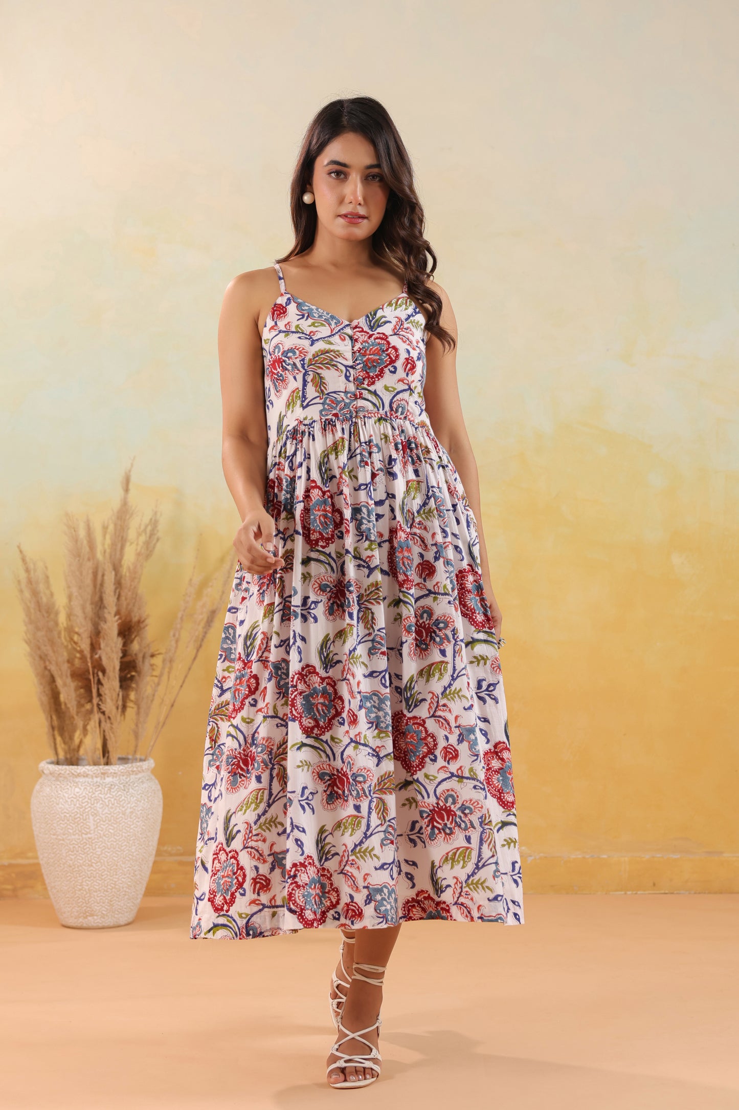 Ivory Floral Print Strappy Midi Dress