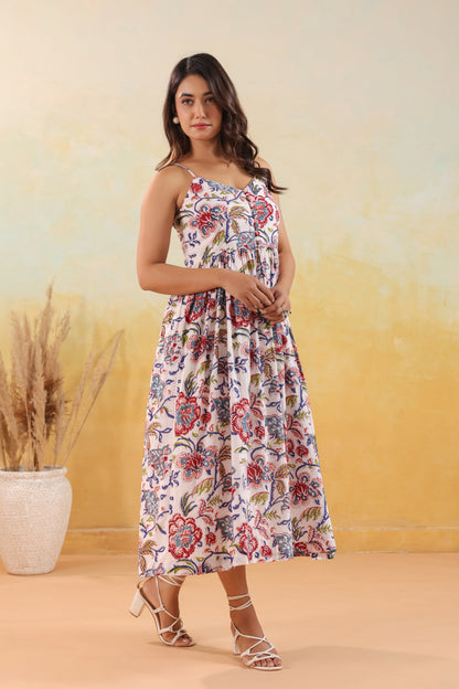Ivory Floral Print Strappy Midi Dress