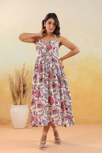 Ivory Floral Print Strappy Midi Dress