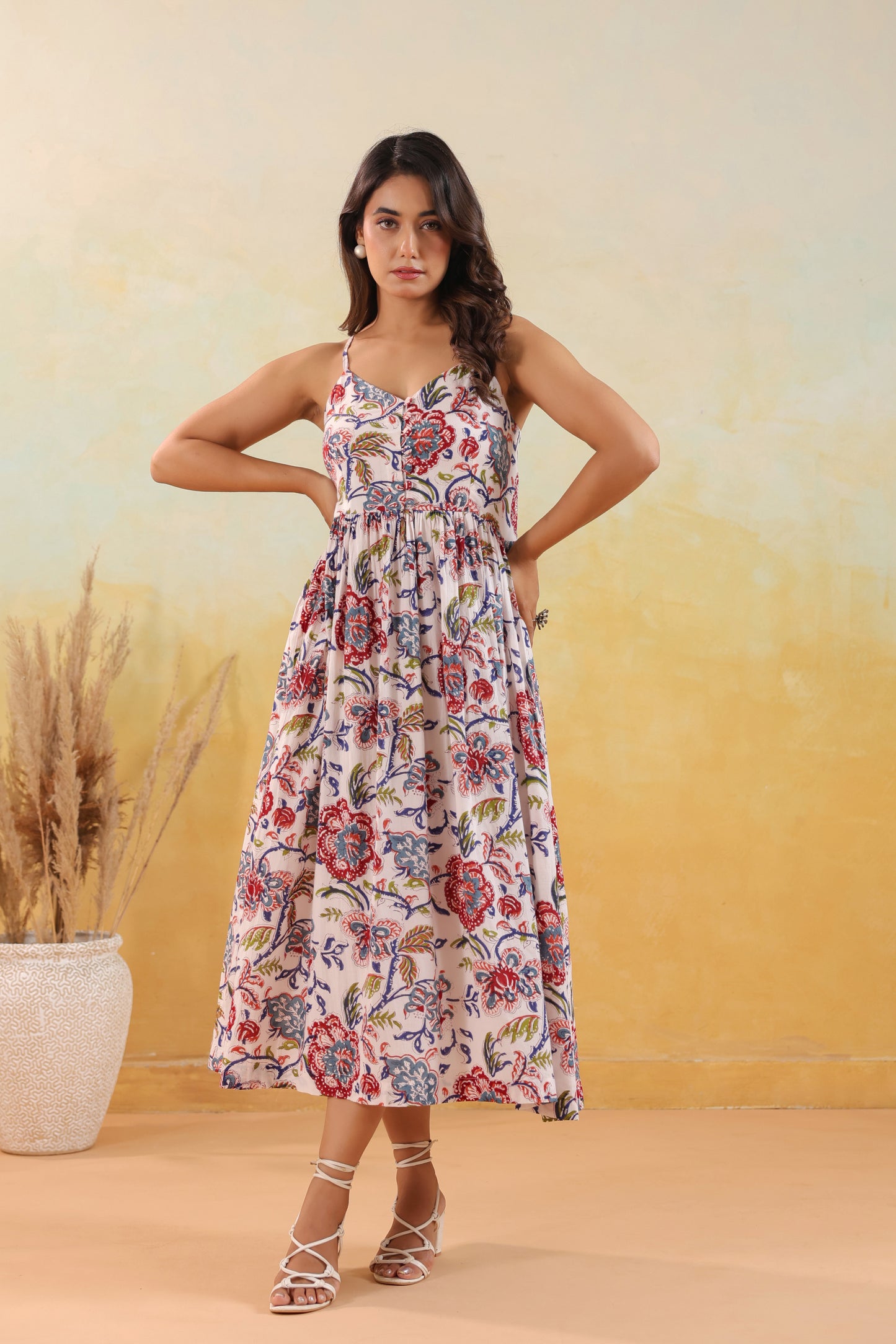 Ivory Floral Print Strappy Midi Dress