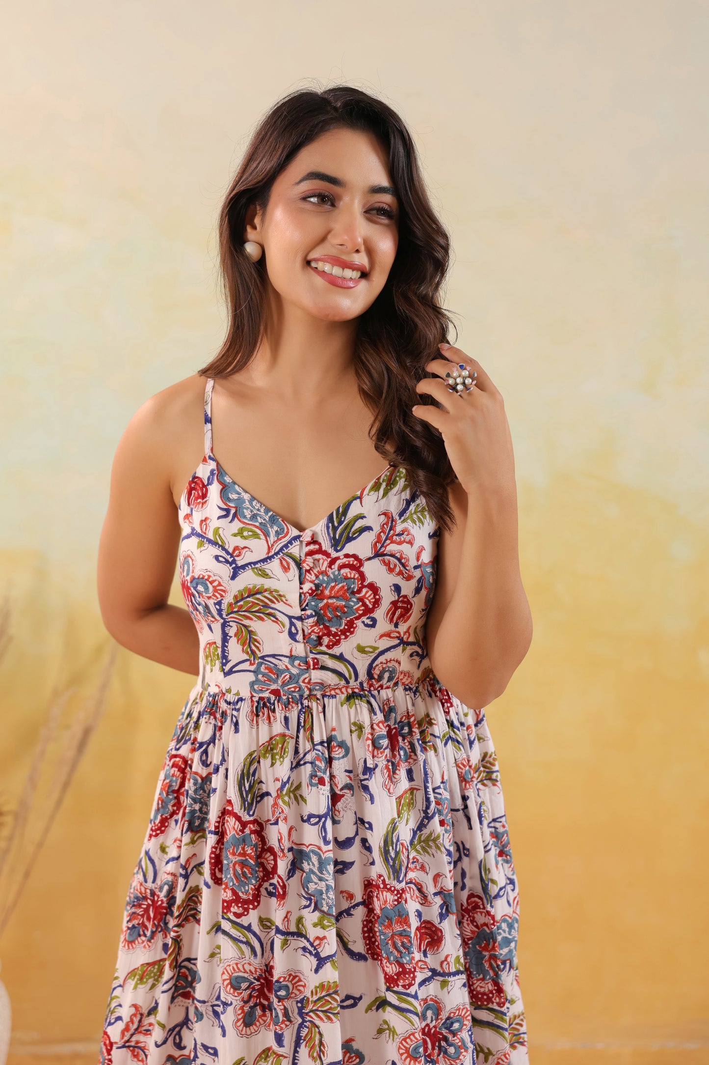 Ivory Floral Print Strappy Midi Dress