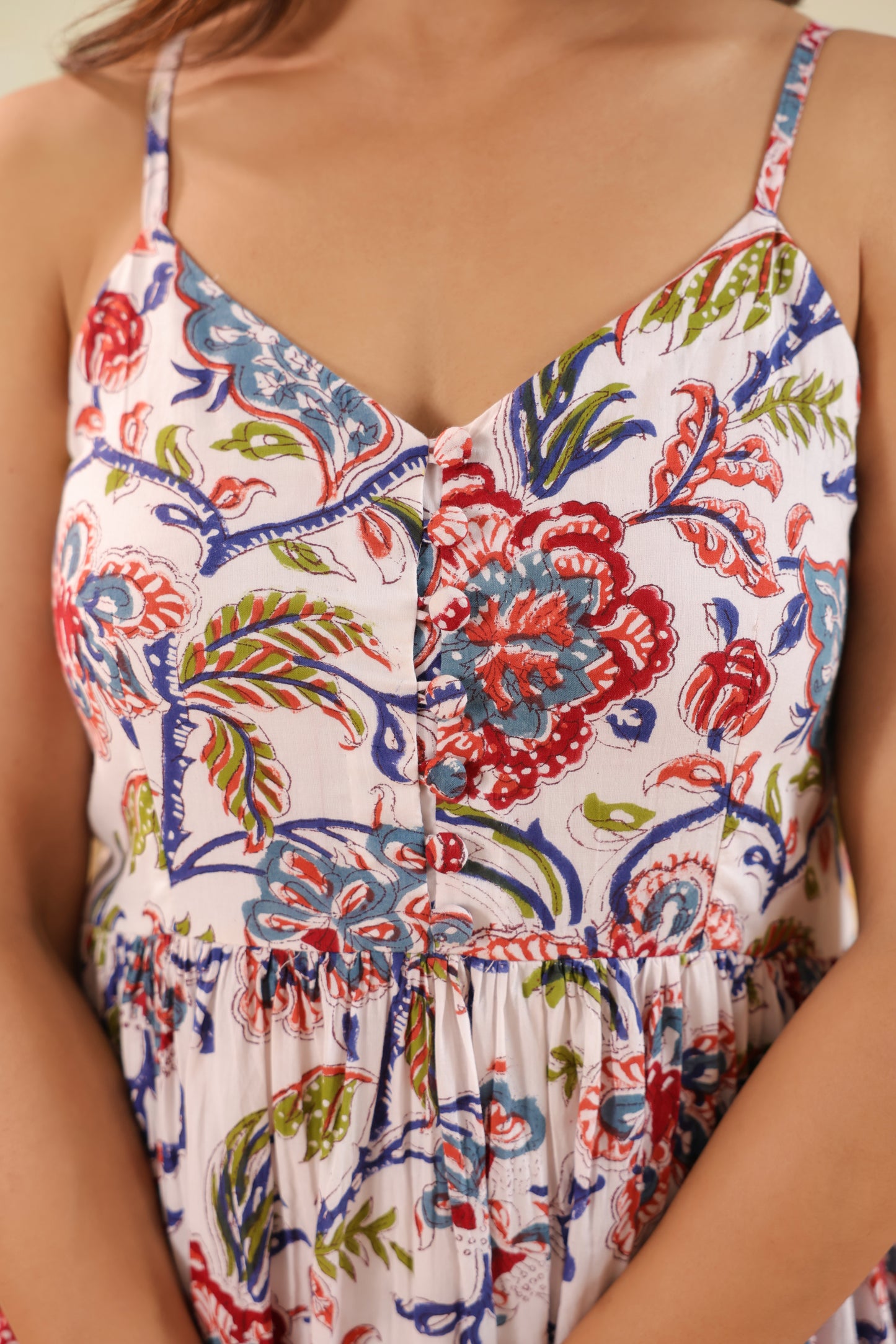 Ivory Floral Print Strappy Midi Dress