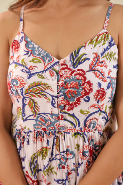 Ivory Floral Print Strappy Midi Dress
