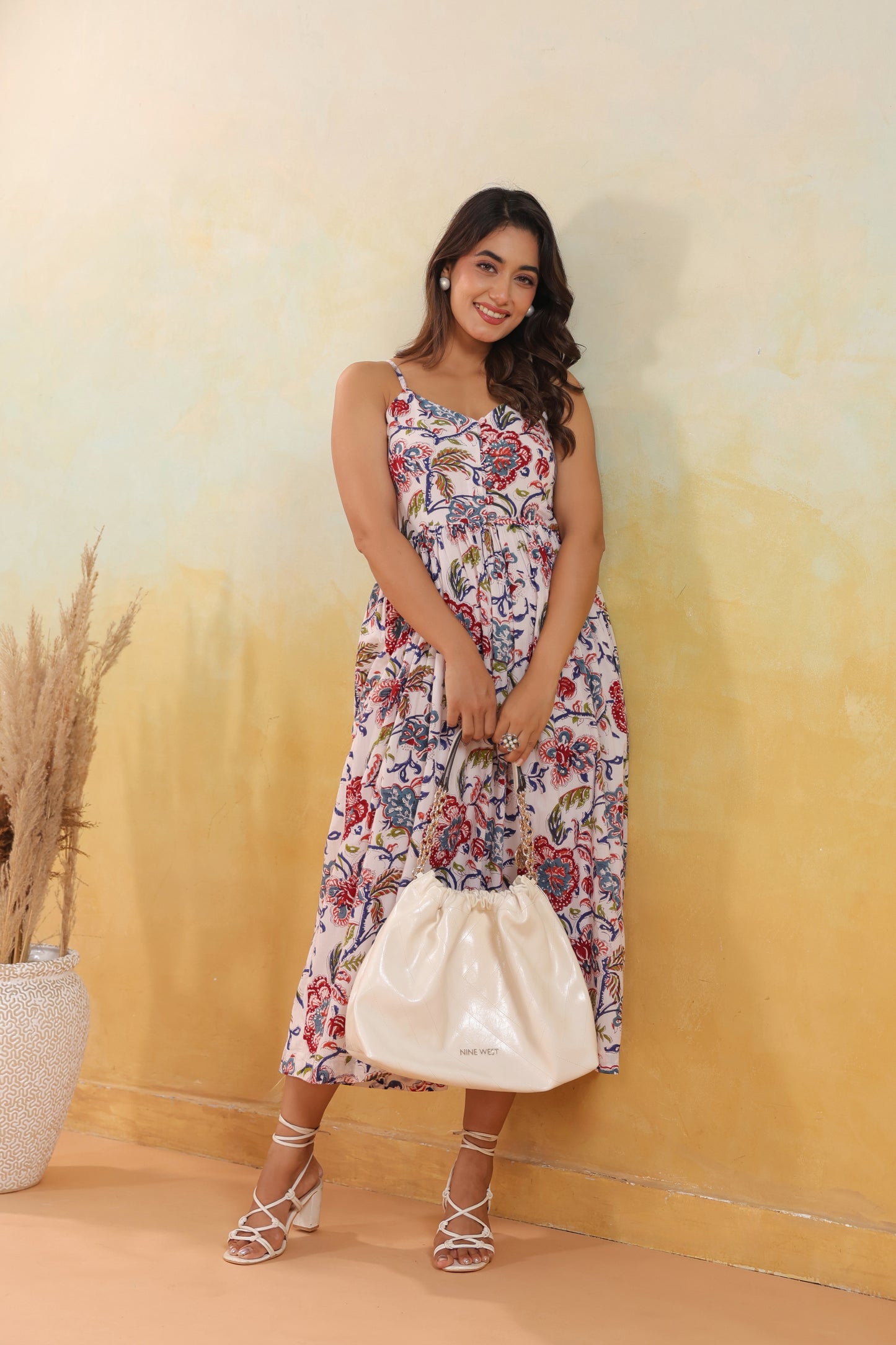 Ivory Floral Print Strappy Midi Dress