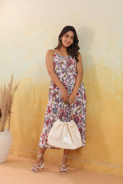 Ivory Floral Print Strappy Midi Dress