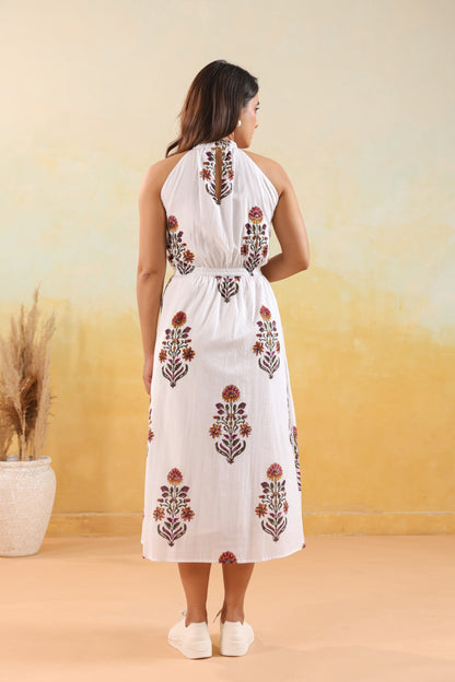 Ivory Floral Print Halter Neck Maxi Dress