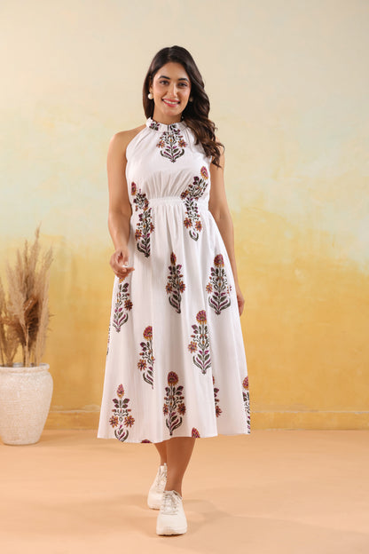 Ivory Floral Print Halter Neck Maxi Dress
