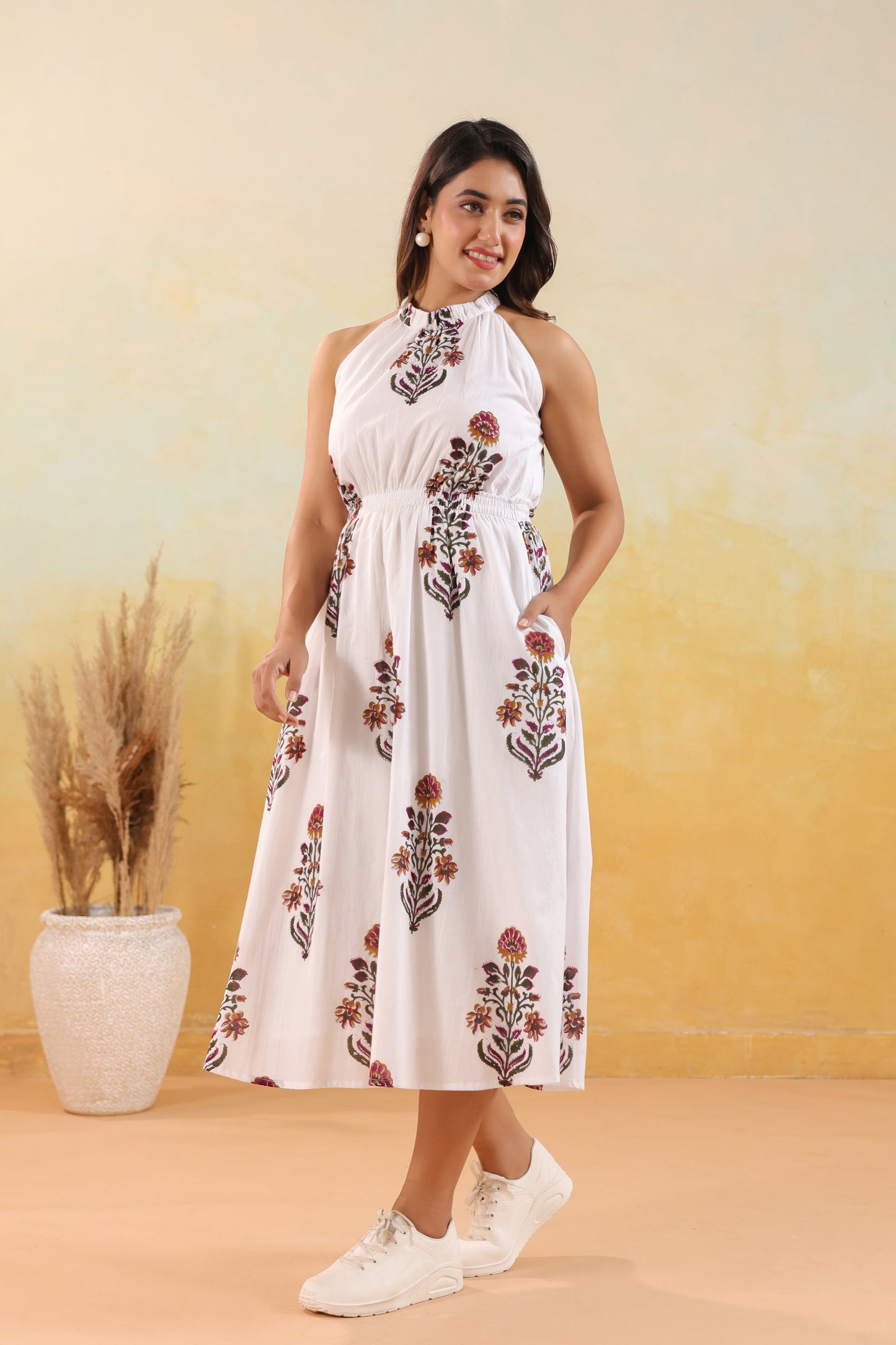 Ivory Floral Print Halter Neck Maxi Dress