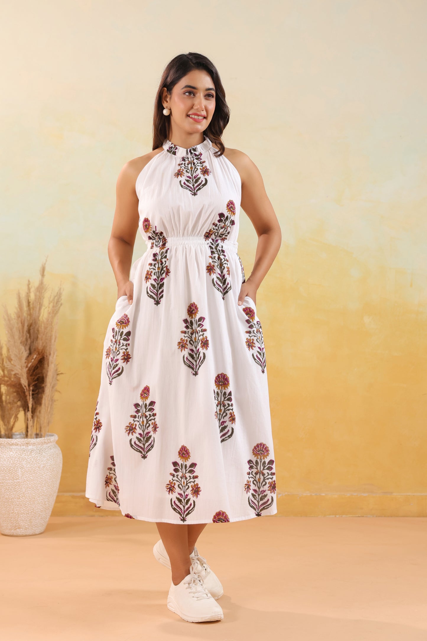 Ivory Floral Print Halter Neck Maxi Dress
