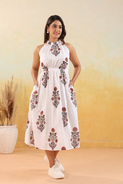 Ivory Floral Print Halter Neck Maxi Dress