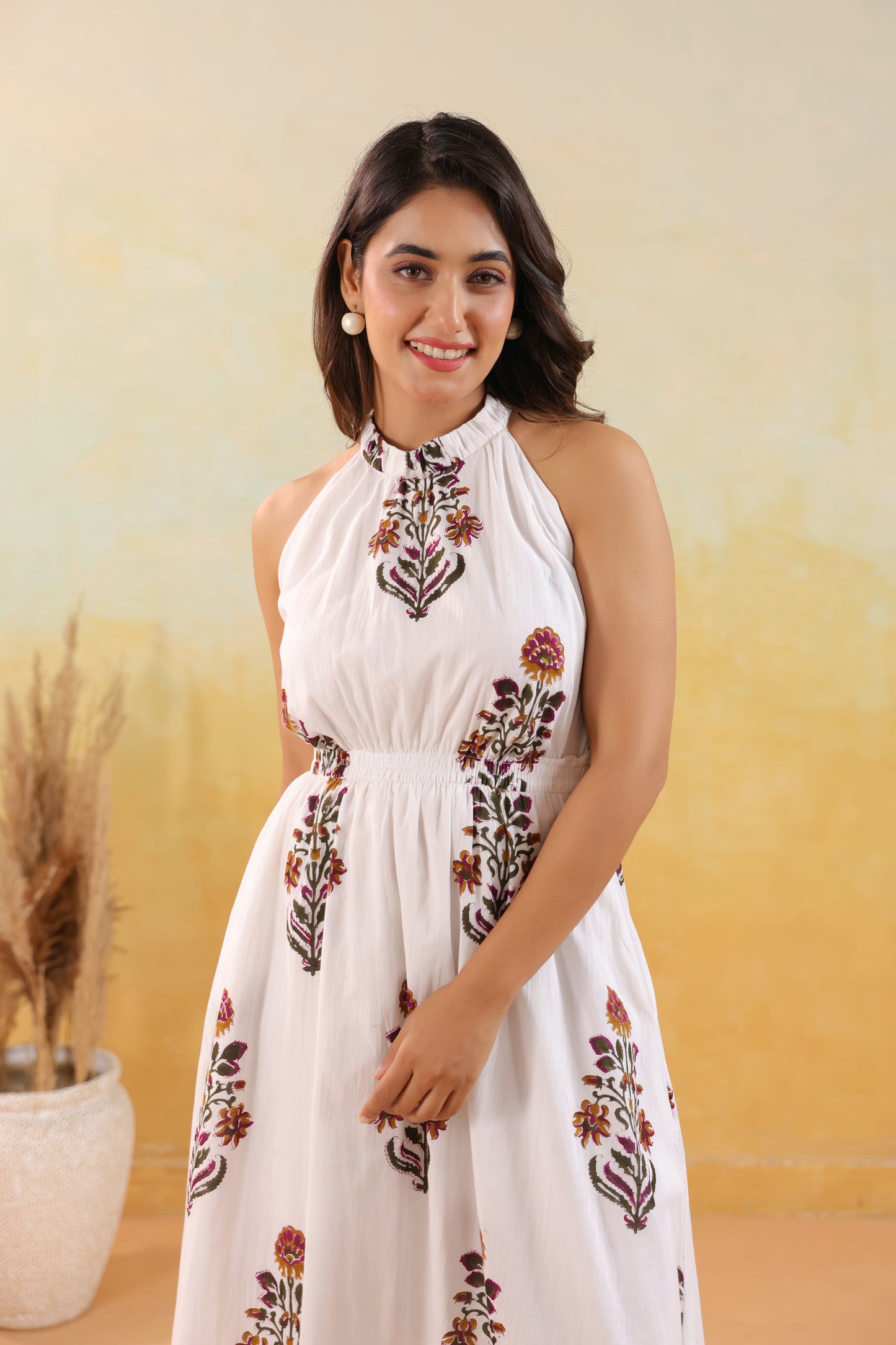 Ivory Floral Print Halter Neck Maxi Dress