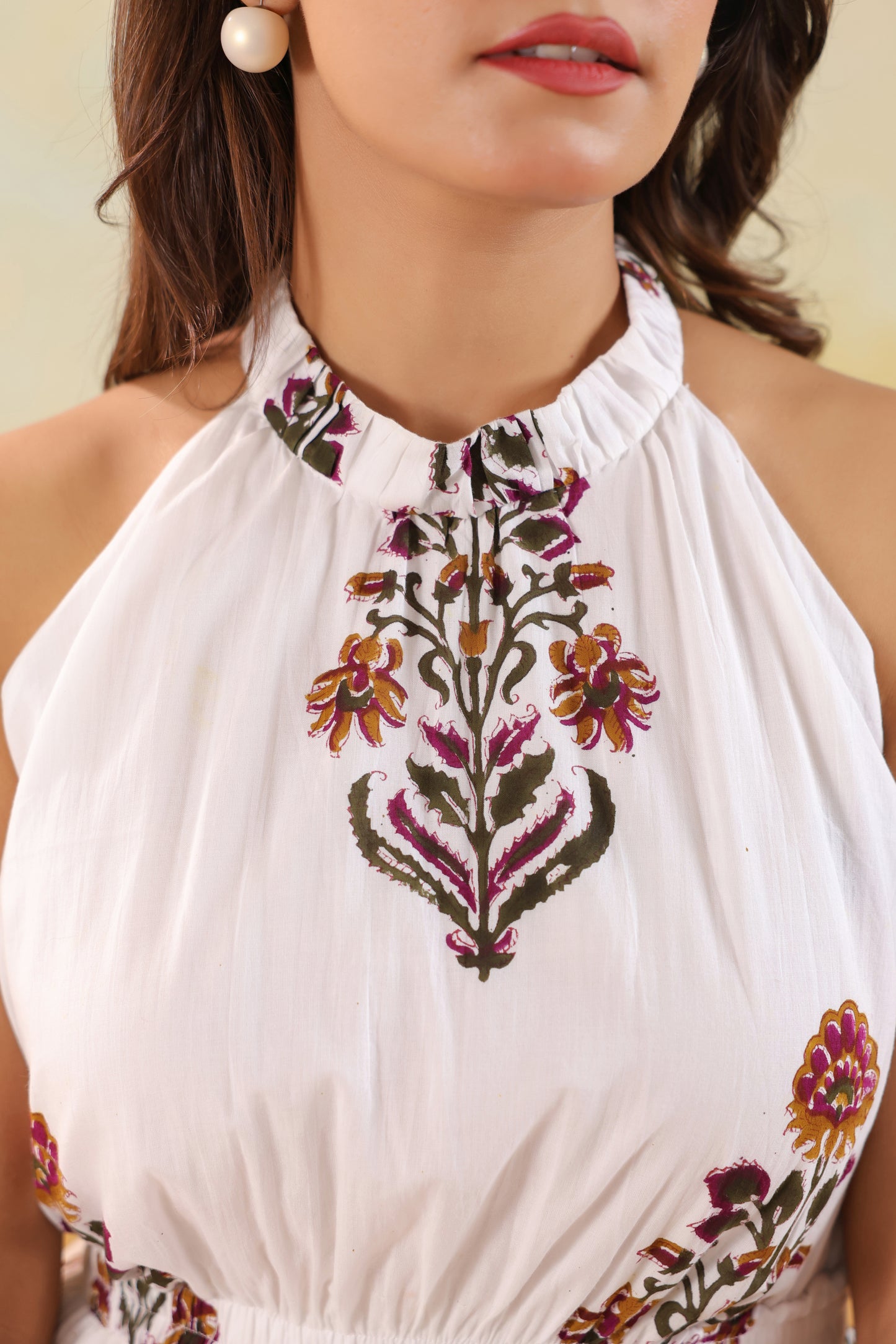 Ivory Floral Print Halter Neck Maxi Dress