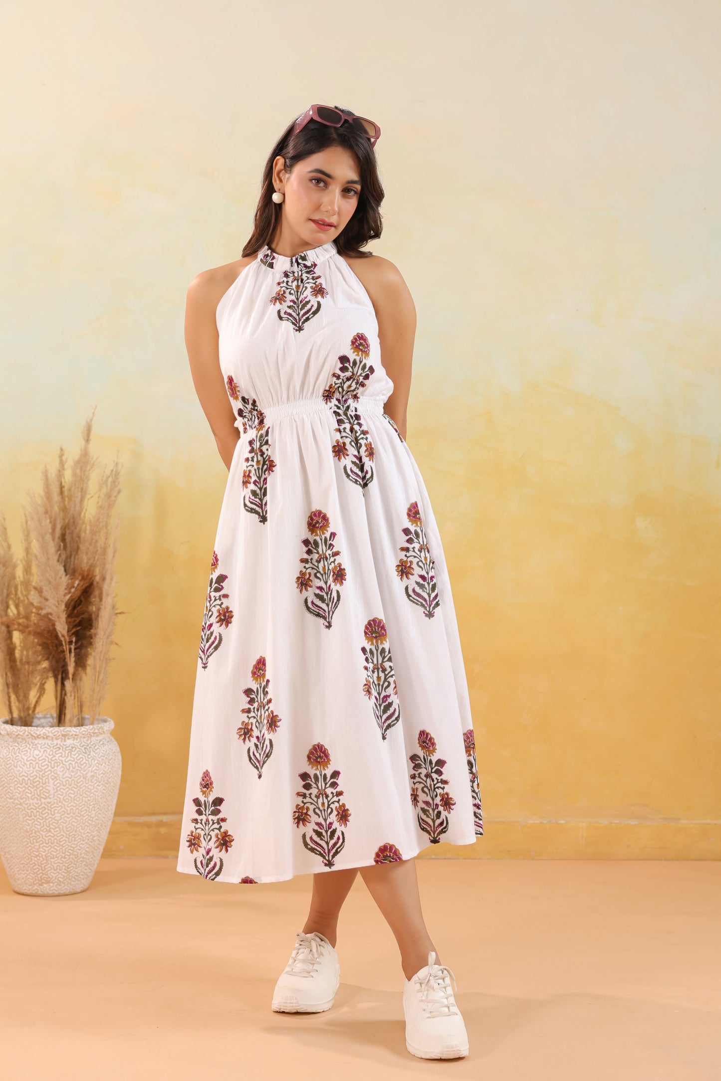 Ivory Floral Print Halter Neck Maxi Dress
