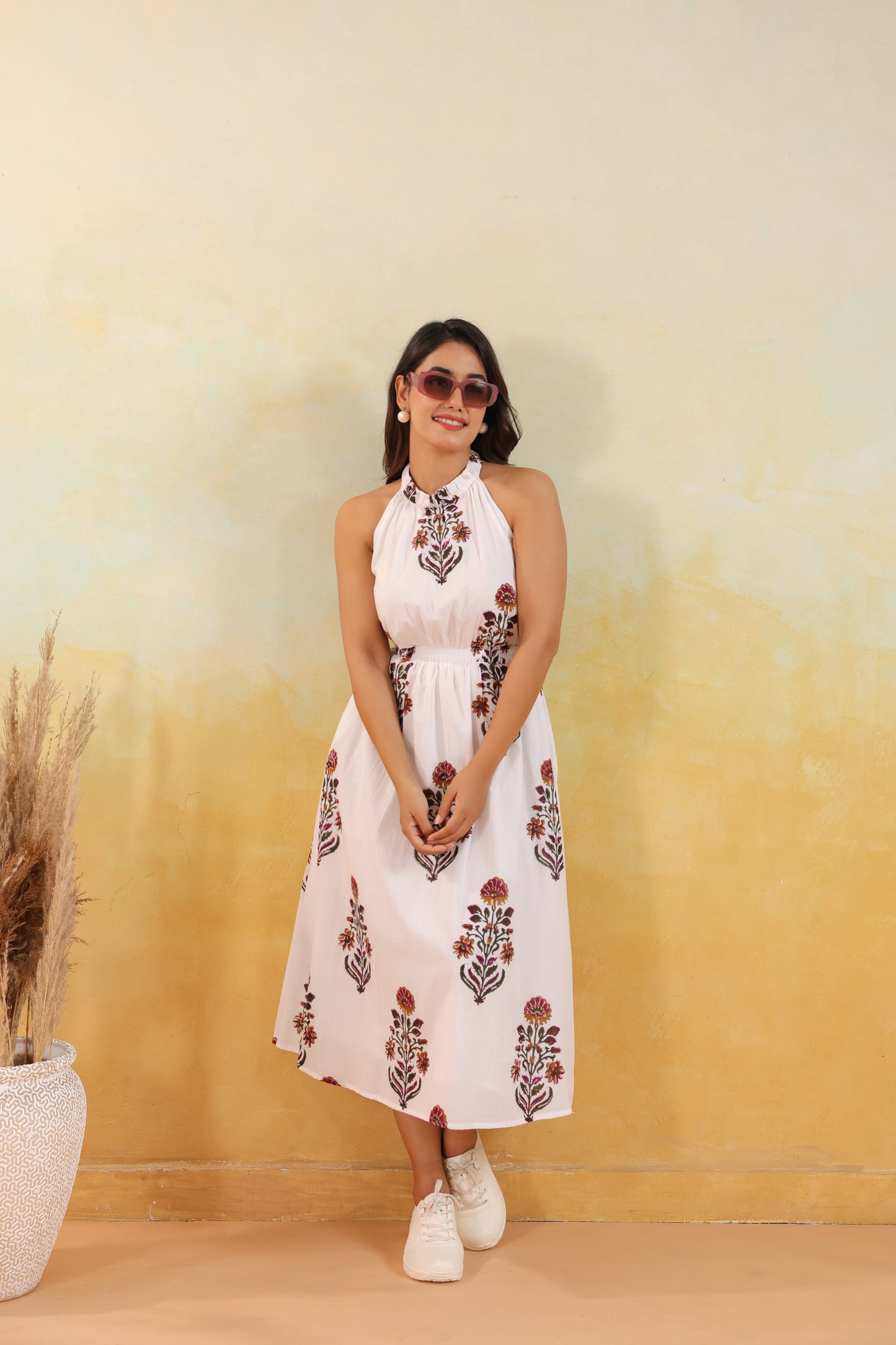 Ivory Floral Print Halter Neck Maxi Dress