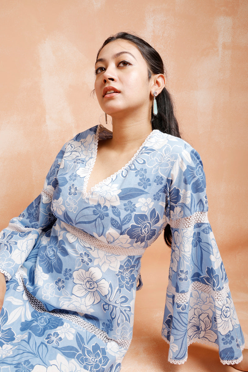 Blue Floral Dress With Lace
